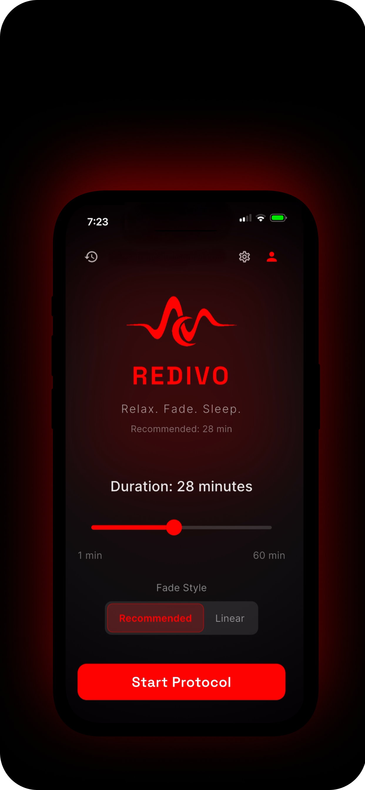 REDIVO app main screen showing the sleep protocol timer and Start Protocol button